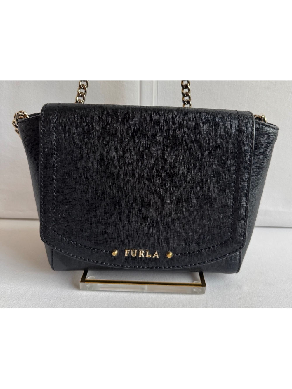 Furla Black Saffiano Textured Leather Chain Shoulder Crossbody Bag Gold